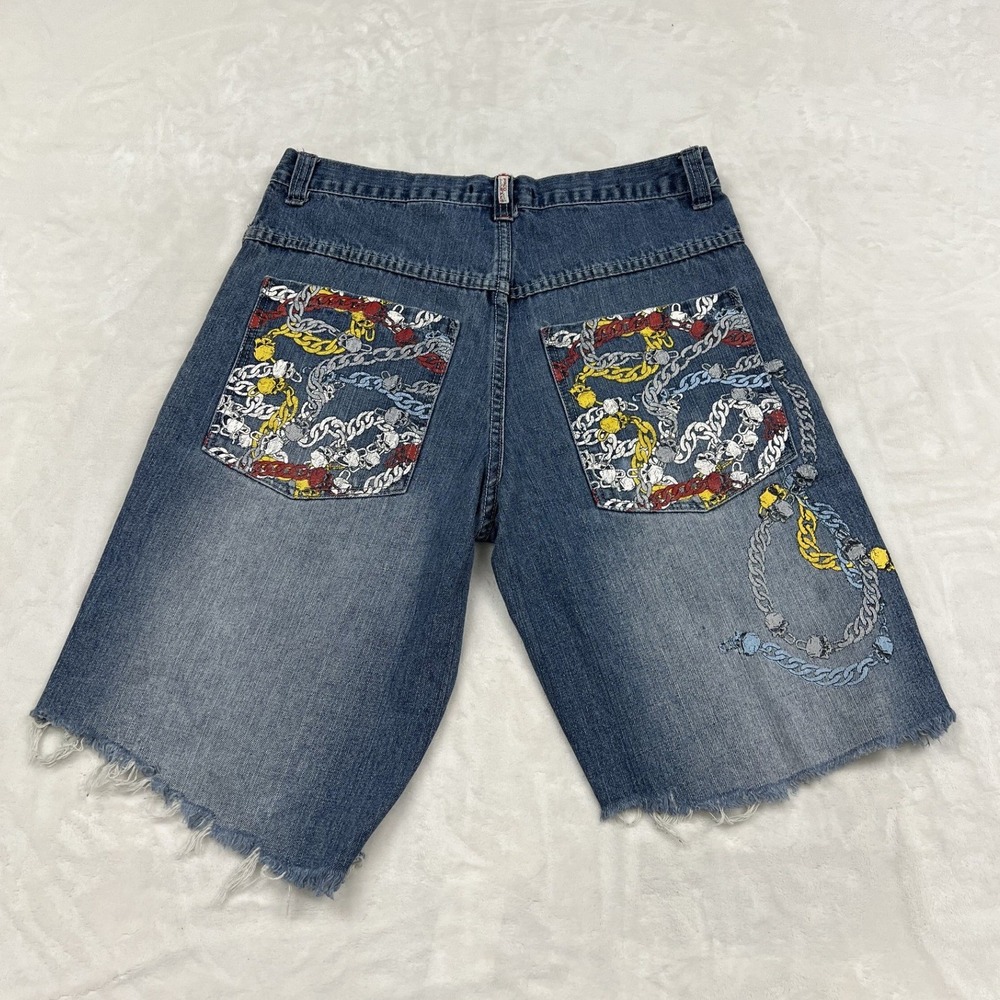 Paco Jeans Denim Shorts Mens 34 Blue Embroidered Skull Chain Baggy Y2K Skater